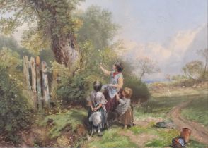 Attributed to Myles Birkett Foster (1825-1899) - The young flower-pickers, watercolour, signed