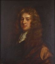 18th century English school - half-length portrait of a gentleman wearing a lace ruff, oil on