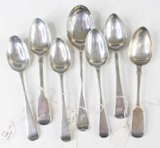 Seven various William IV and later silver dessert spoons, principally in the Old Engish pattern