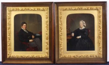 A pair of late Victorian overpainted portrait prints of a seated lady and gentleman, 20 x 15.5cm,