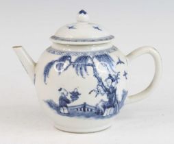 A Chinese blue and white porcelain teapot, 18th century, of bullet form, decorated with figures, h.