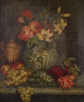 Edwin Steele (c.1850-1912) - Still life with fruit and flowers on a stone ledge, oil on canvas,