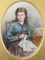 George Goodwin Kilburn (1839-1924) - The young seamstress, watercolour framed as an oval, signed and