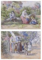 Follower of Myles Birkett Foster (1825-1899) - Pair; Figures in conversation at the garden gate, and