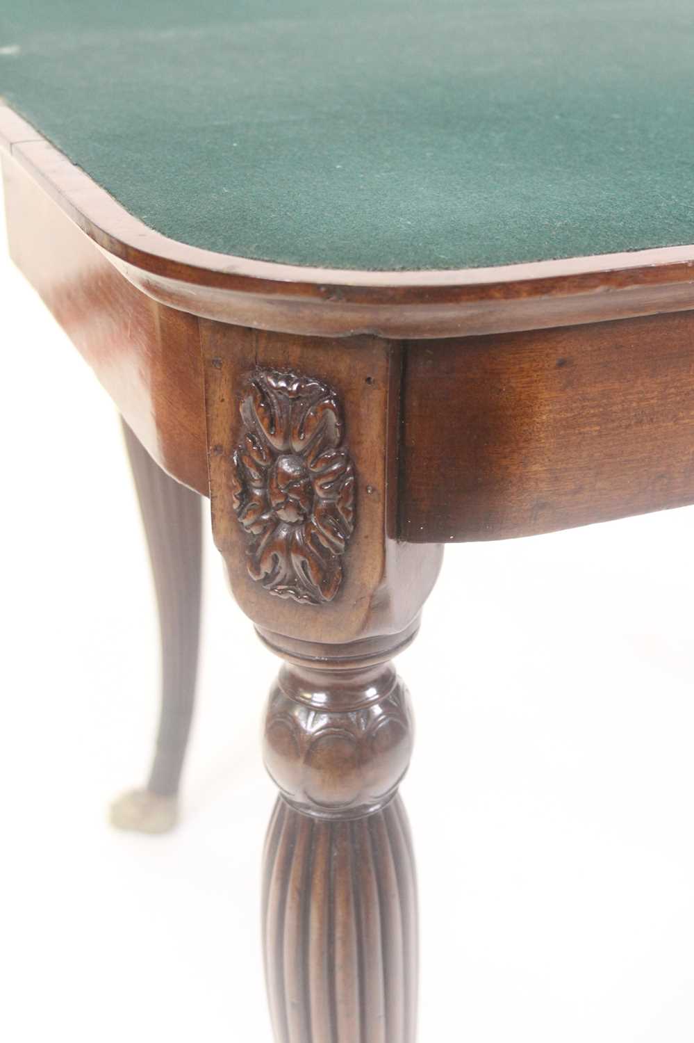 A George III Irish mahogany card table, the D-shaped fold-over top having a reeded edge and on - Image 4 of 12