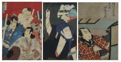 Toyohara Kunichika (1835-1900) - three Ukiyo-e Japanese woodblock prints of Kabuki actors,