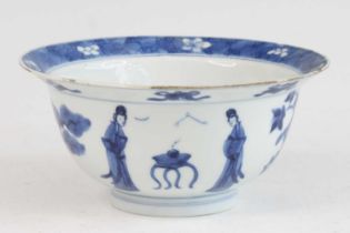 A Chinese blue and white porcelain bowl, Kangxi period, of klapmuts form, decorated with figures,