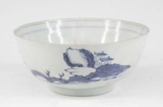 A Chinese blue and white porcelain bowl, circa 1750, decorated with pagodas within a landscape,
