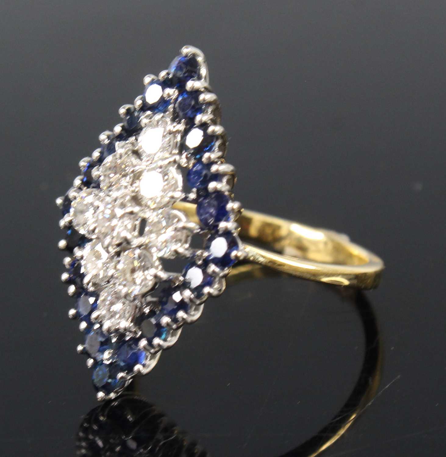 An 18ct yellow and white gold, sapphire and diamond navette shaped cluster ring, comprising a centre - Image 3 of 4