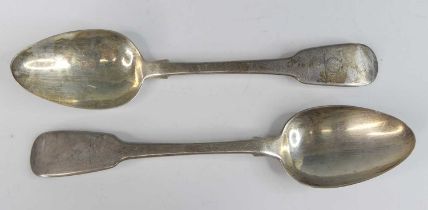 Two George IV Irish silver dessert spoons, in the Fiddle pattern, each with engraved shell