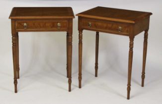 A pair of walnut and figured walnut side tables in the mid-18th century taste, each having a cross