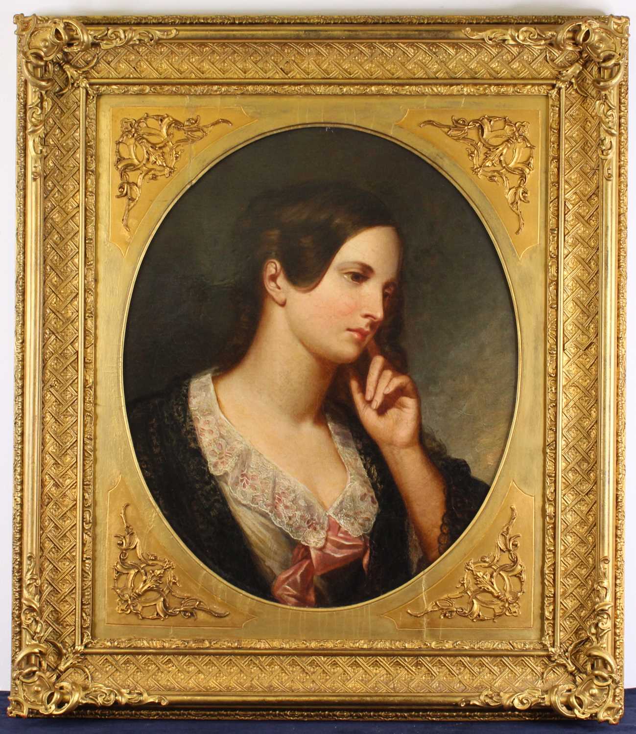 Mid-19th century English school - Bust portrait of a young woman wearing a pink silk scarf, oil on - Image 2 of 5