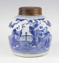 A Chinese blue and white ginger jar, 19th century, decorated with figures beneath a tree, having