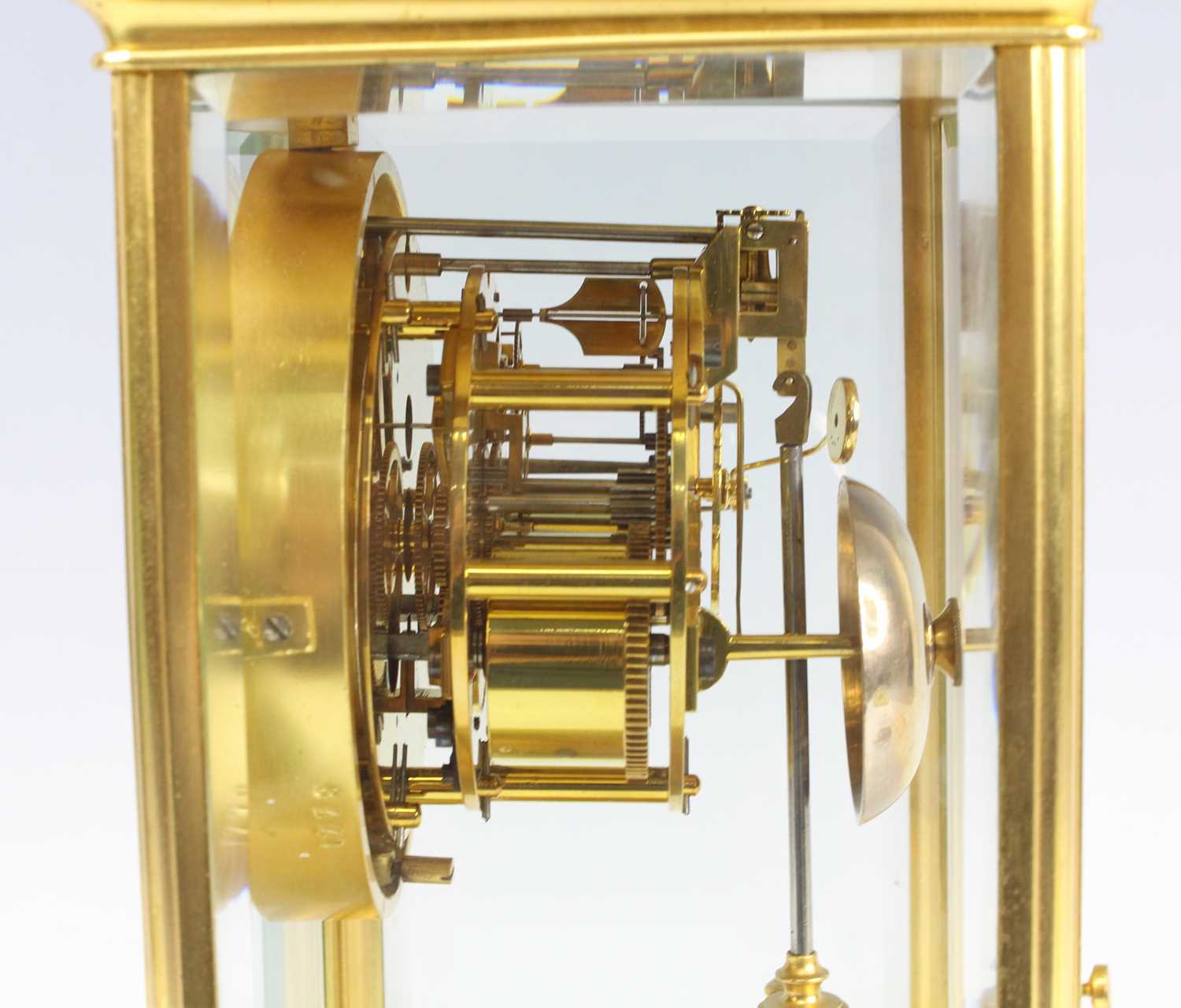 A late 19th century French lacquered brass four-glass mantel clock, having an unsigned white - Image 4 of 5