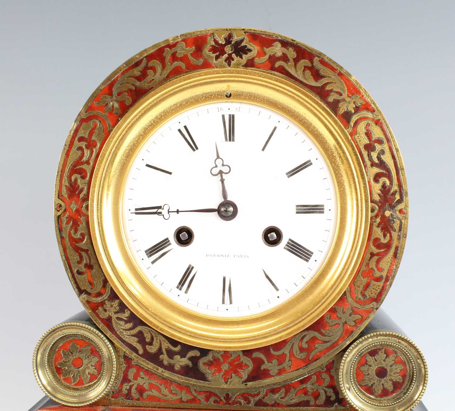 A late 19th century French boulle mantel clock, the white enamel Roman dial signed Potoniè Paris, - Image 2 of 5