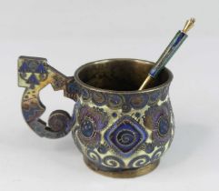 An early 20th century single handled Russian silver and cloisonne enamelled cup, of lower baluster