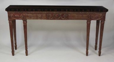 A macassar topped neo-classical style console table, the crossbanded top above a painted base, the