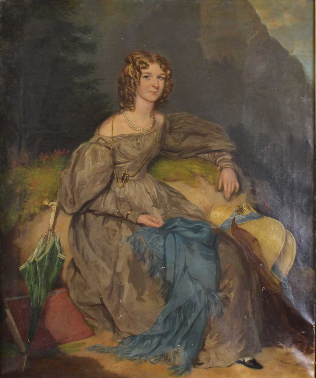 Late 19th century English school - full-length portrait of a young woman in a mountain landscape,