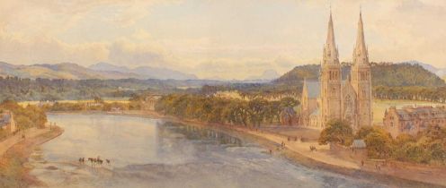 William J. Ferguson (act.1849-1886) - Extensive Scottish river landscape, watercolour, 25.5 x 60cm