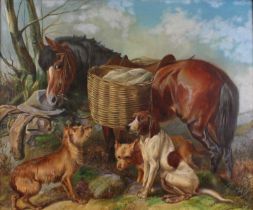 Henry II Weekes (act.1849-1888) - Pony with wicker panniers and dogs (1860), oil on canvas, 50.5 x