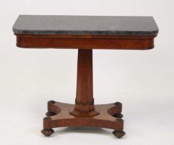 A William IV oak pedestal occasional table, of D-shape with polished grey marble top, all raised