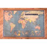 [ Shipping ] A mid 20th Century Blue Funnel Line wall map, linen backed between pine battens, by