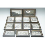 A quantity of uniformly framed lithographic prints including scenes of riots and landscapes, in
