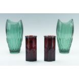 A pair of 1960s pressed glass vases, 25 cm, together with a pair of Avon vases, 17 cm