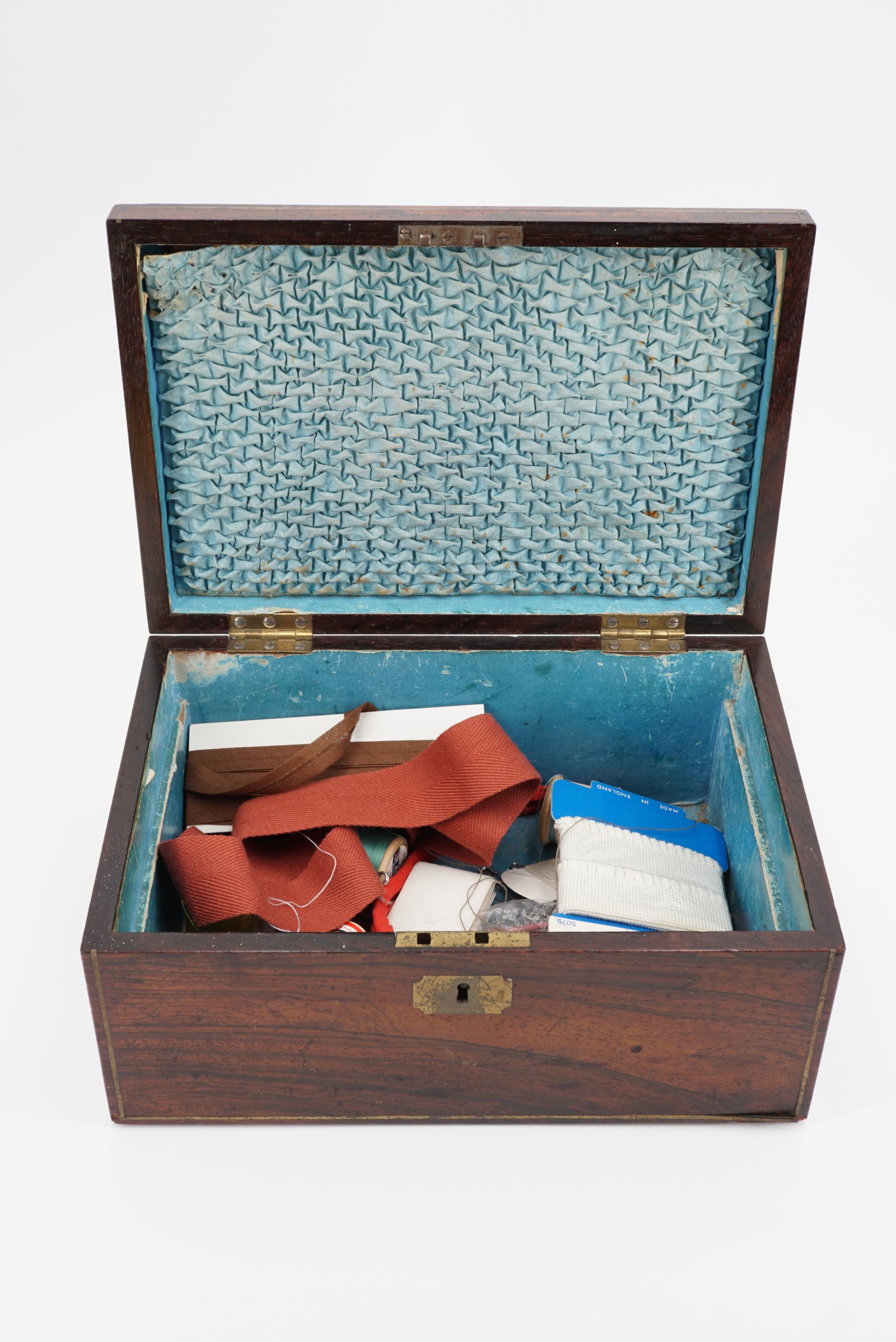 An early 19th Century rosewood veneered sewing workbox, having brass stringing and the top bearing a - Image 5 of 5