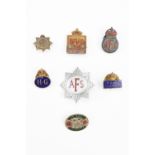 Two Second World War Home Guard lapel badges together with WVS Civil Defence, NFS, AFS Women's
