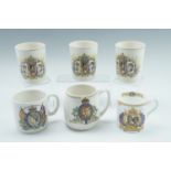 Six 20th Century Royal commemorative mugs and beakers, three celebrating the 1935 silver jubilee