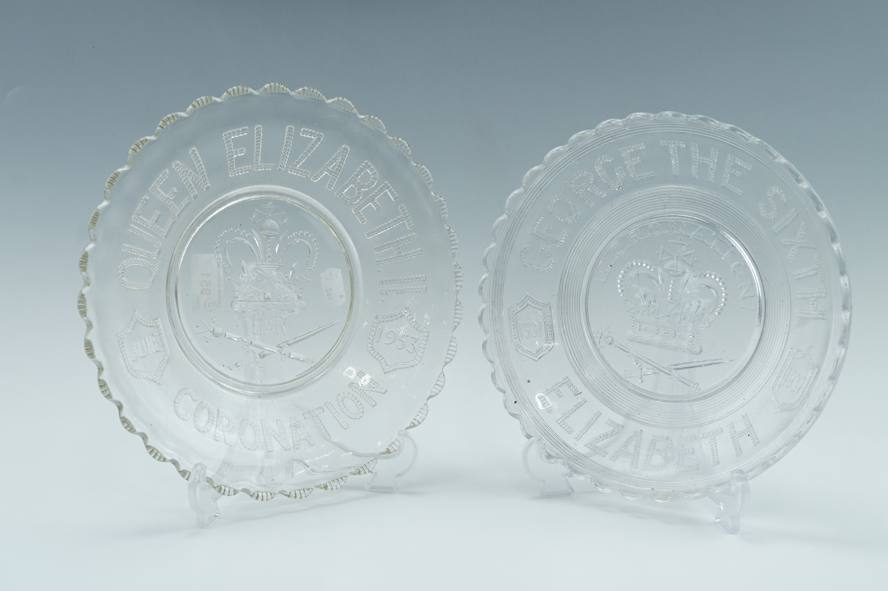 Two pressed glass royal commemorative plates, for the 1937 George VI and 1953 QEII coronations