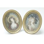 A pair of George III portrait miniatures of young ladies in fine attire, respectively wearing a