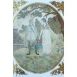 A Georgian romantic silk work and painted picture depicting a couple holding hands amongst trees, in