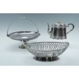 A 19th Century electroplated basket, of navette form, a swing handled cake basket having a pierced