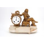 An early 20th Century gilt spelter and alabaster mantle clock, having a Japy Frères drum movement