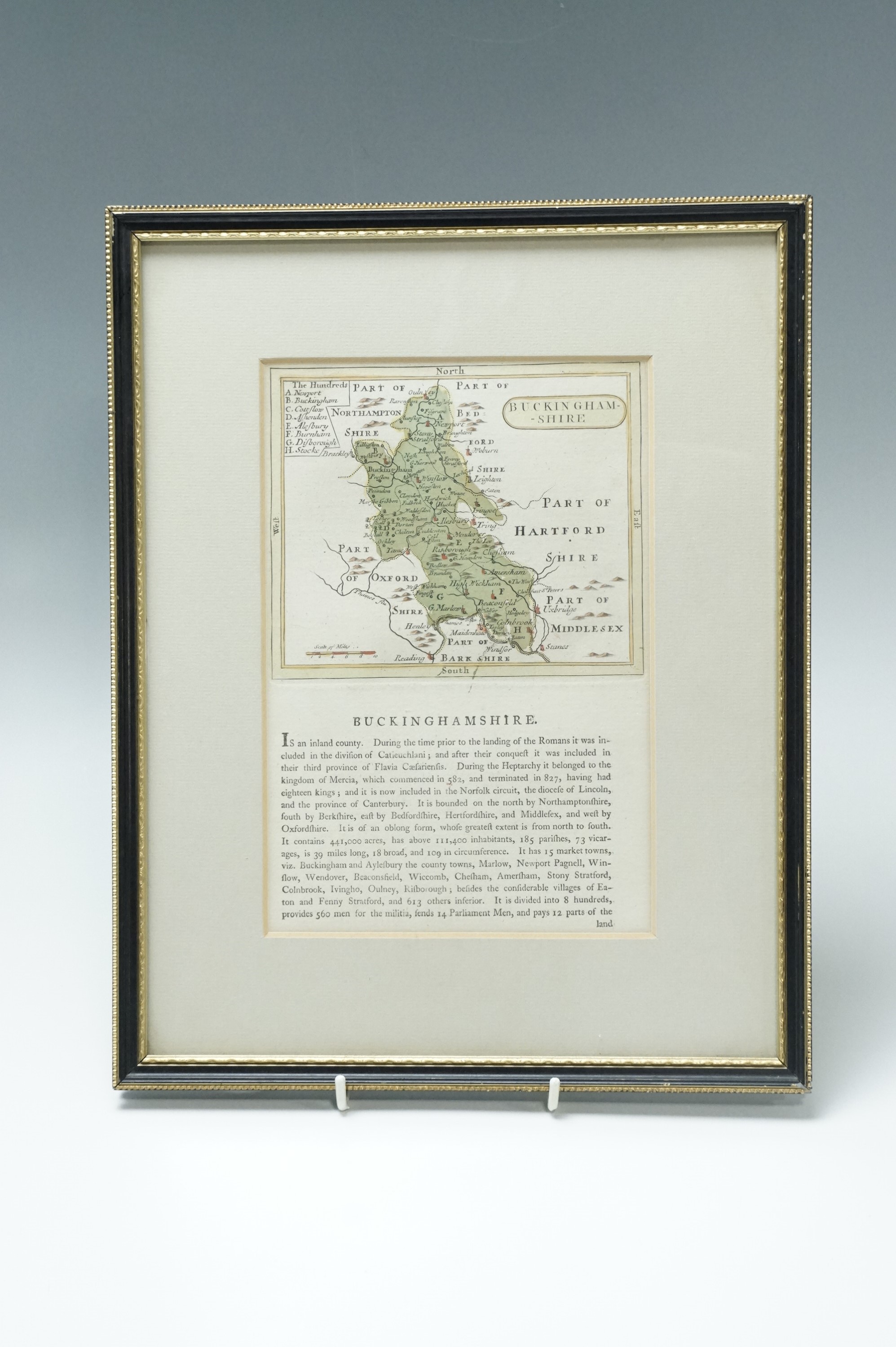 A 18th Century map of Buckinghamshire, with a history of the county, watercolour tinted engraving, - Image 2 of 2