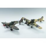 Two vintage tinplate style models of a Spitfire and a Hurricane, 43 cm
