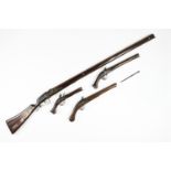 An ornamental match lock musket, 140 cm, together with three ornamental flintlock pistols, (a/f)