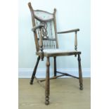 A late Victorian parlour open armchair, stained sycamore, padded seat and back, 107 cm high