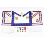 A box of vintage Masonic regalia, together with a National Association of Round Tables medal and a