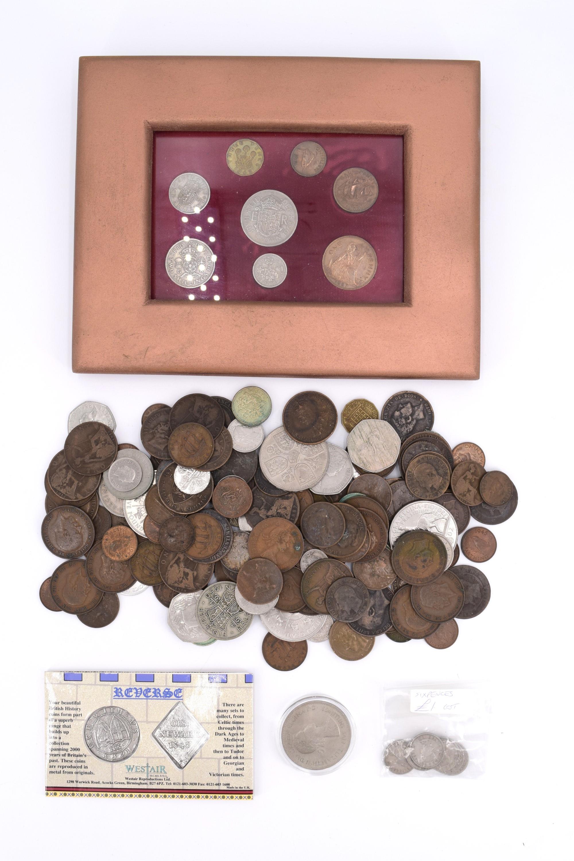 A quantity of largely GB coins, Geo III - QEII, together with replica English Civil War siege money