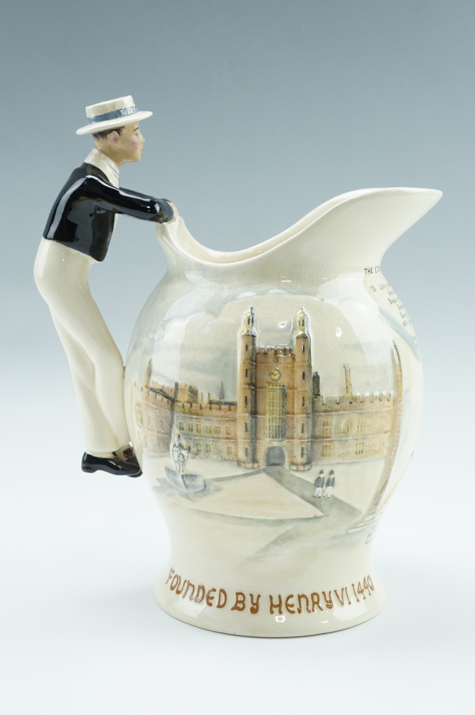 A 1920s Fielding's Crown Devon musical jug, having a handle modelled as a boatman, the outside - Image 3 of 3