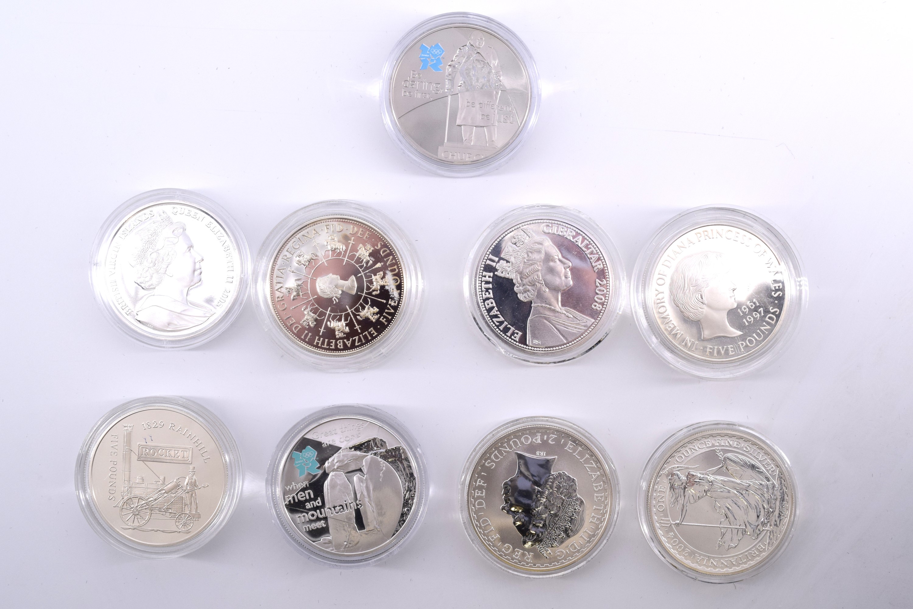 Nine QEII commemorative silver £5 and 1oz proof commemorative coins - Image 2 of 3