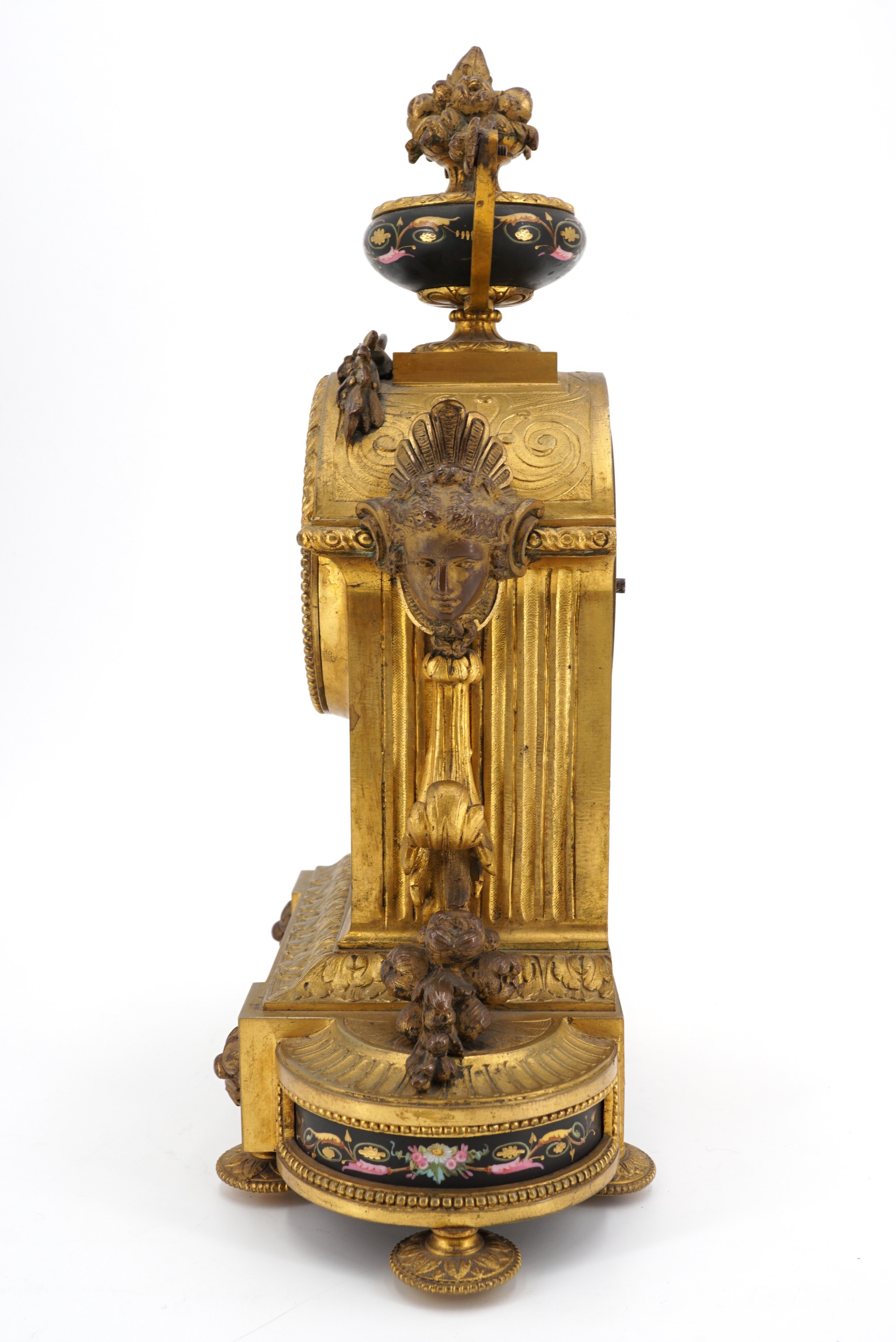 A 19th Century French gilt brass and enamel mantle clock, having a drum movement striking on a bell, - Image 2 of 4