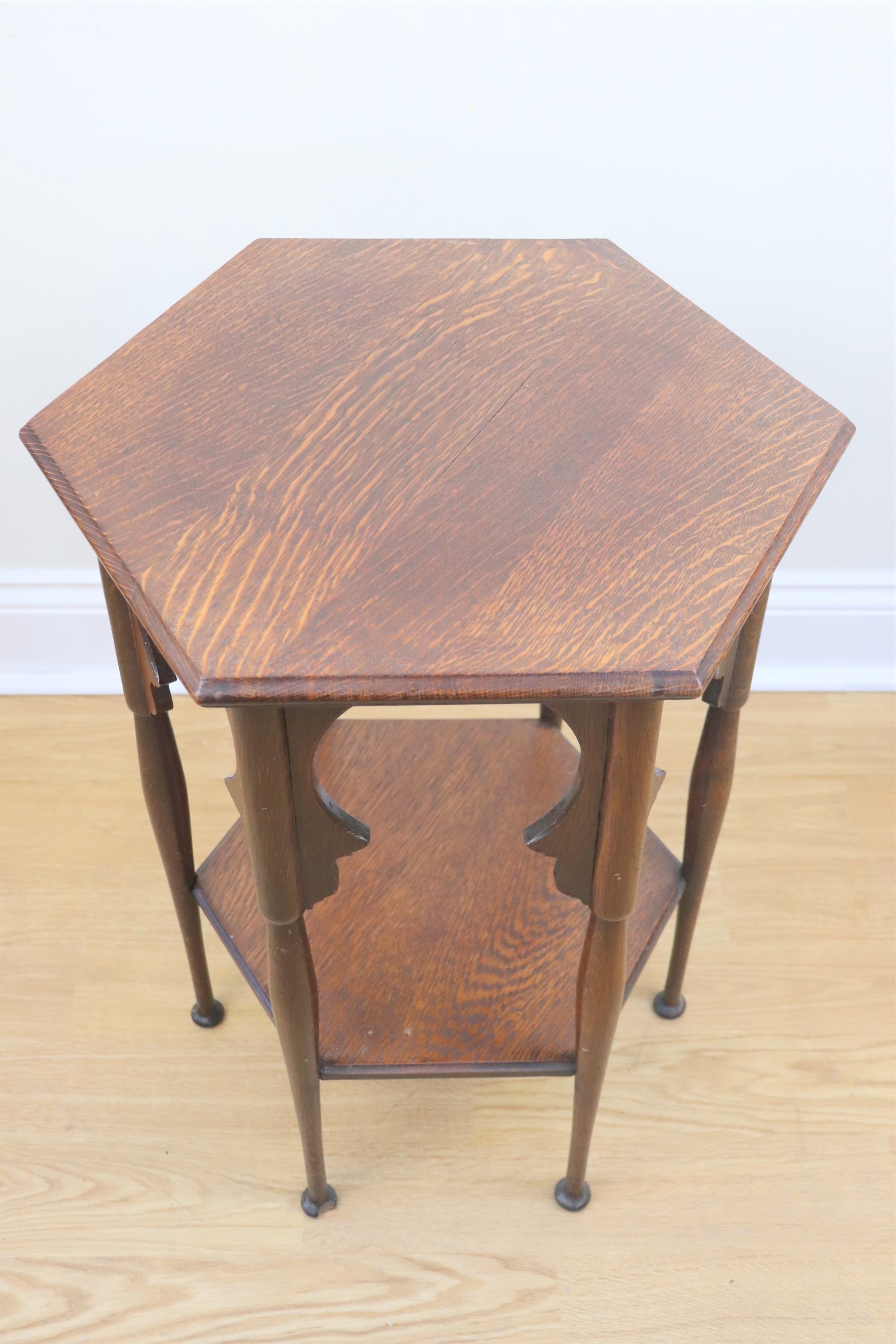 A late 19th / early 20th Century hexagonal topped oak occasional table, having a Damascus influenced - Image 2 of 2