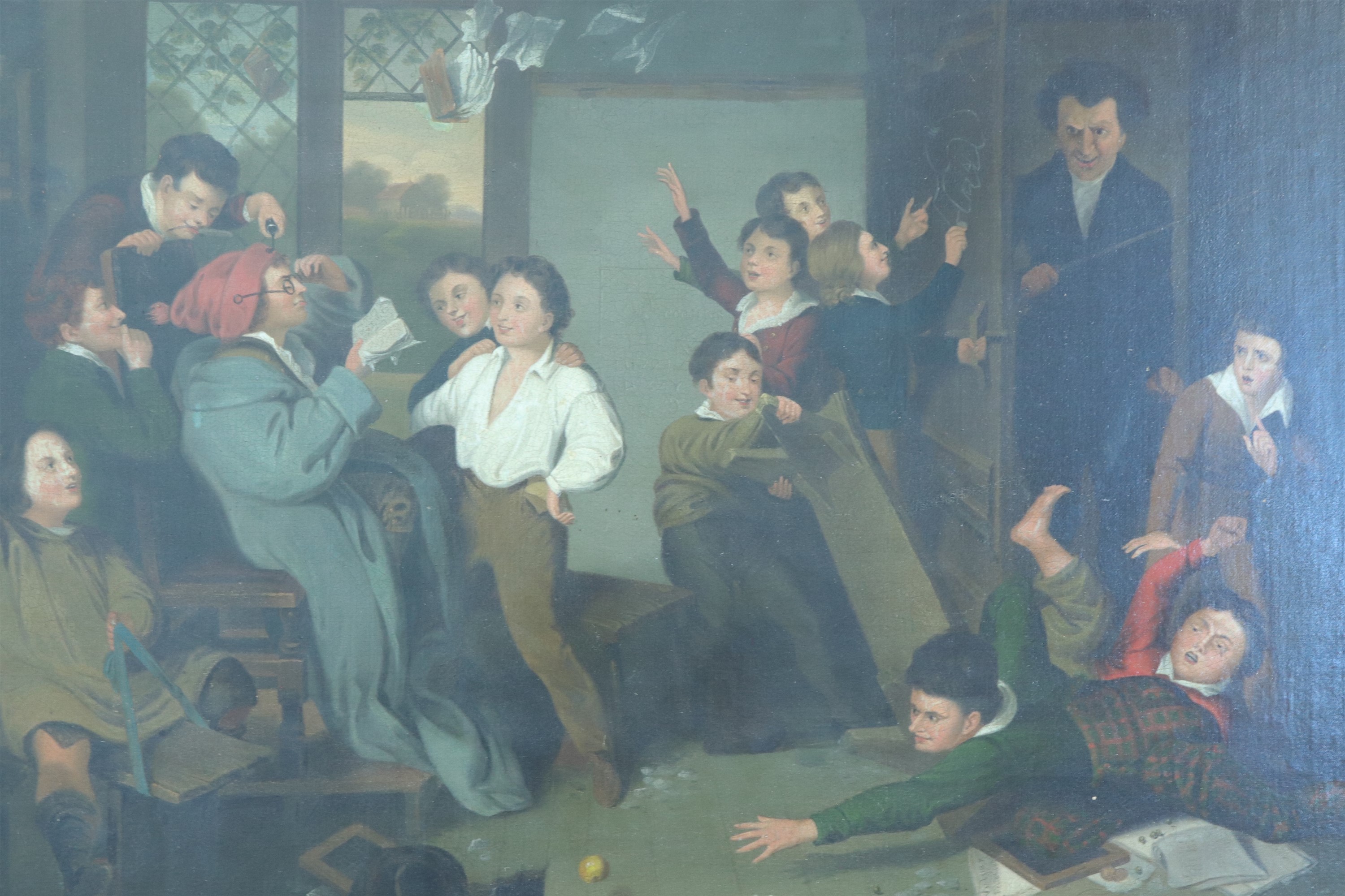 A humorous 19th Century painting of rowdy children in a classroom, oblivious to the imminent