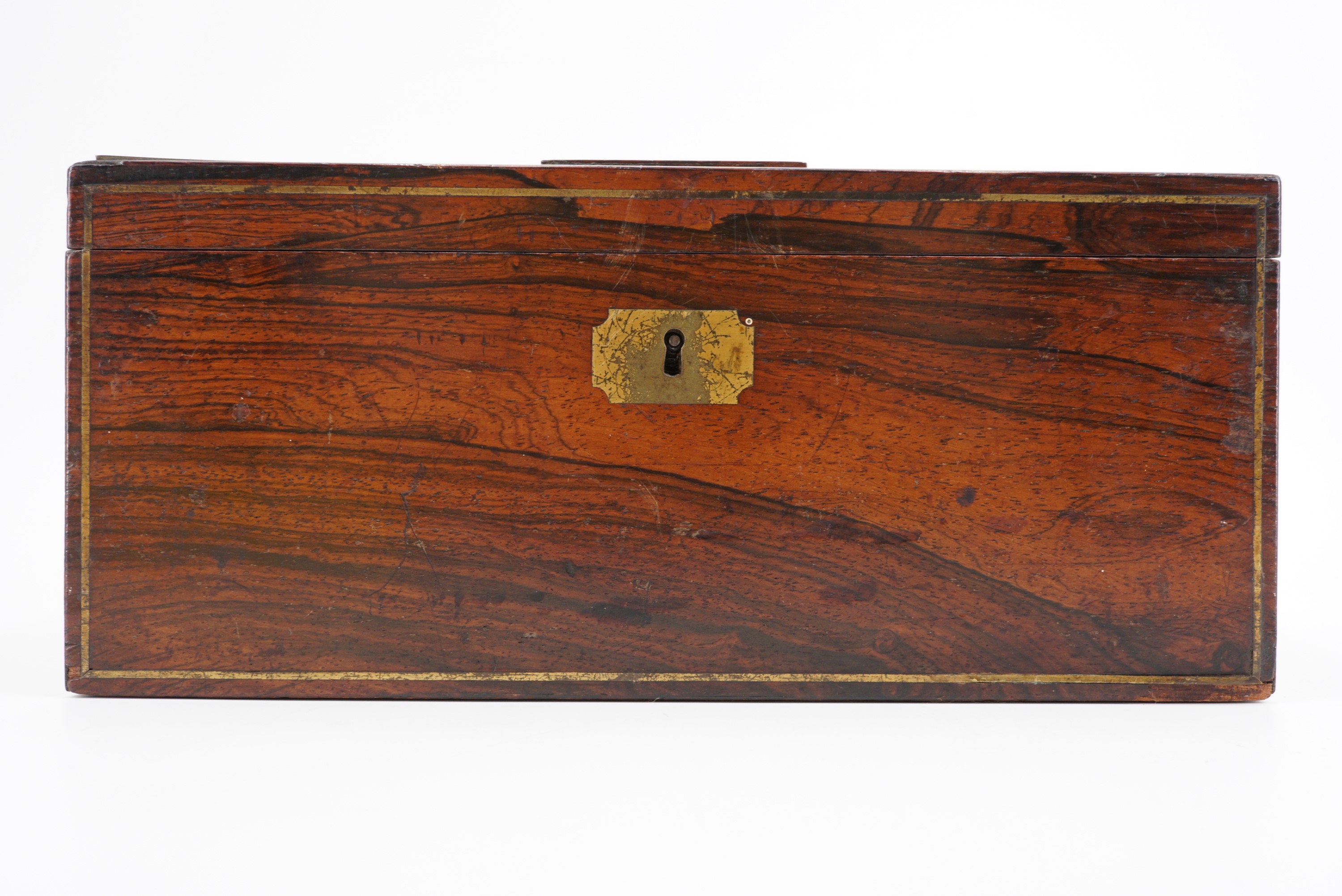 An early 19th Century rosewood veneered sewing workbox, having brass stringing and the top bearing a - Image 2 of 5