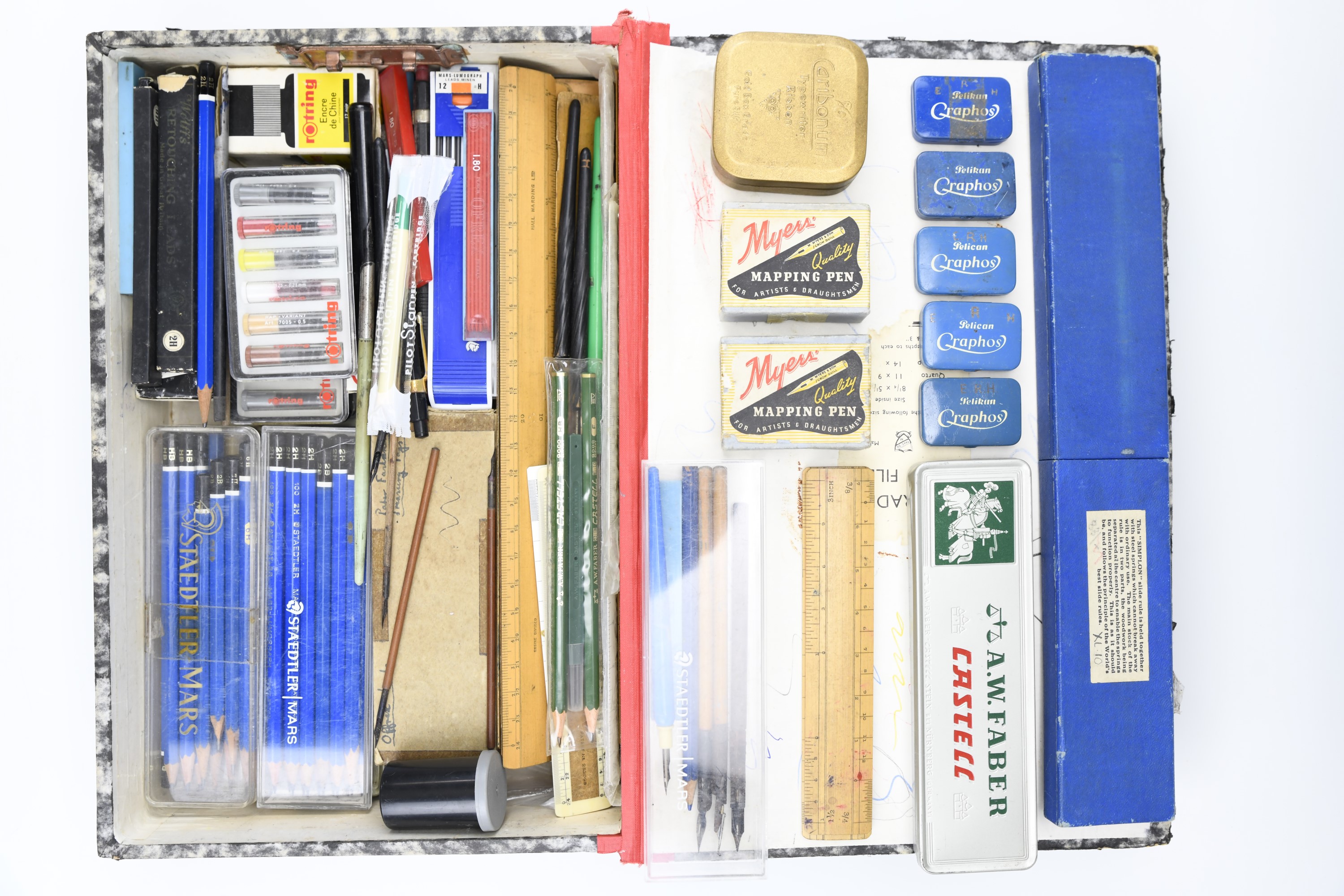 Slide rules, mapping pens and pencils etc