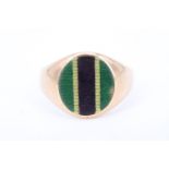 An 18 ct gold signet ring, the table being guilloché enamelled with regimental / school colours,